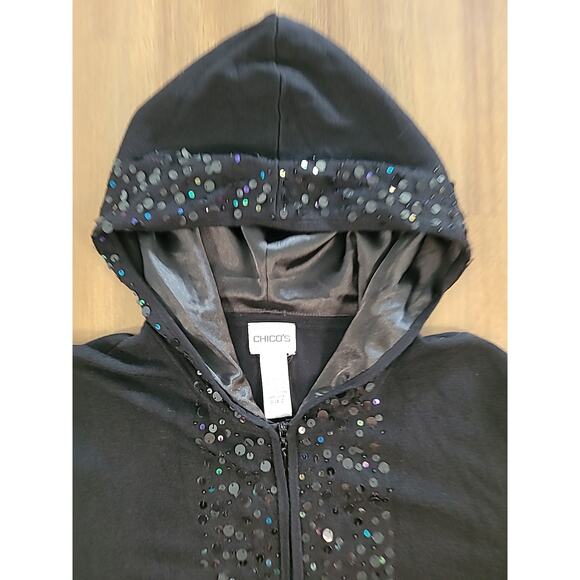 Chico’s Women’s Hoodie Sz 2 L Black Sequin Trim Zip Cardigan Jacket Flaw - Picture 5 of 9